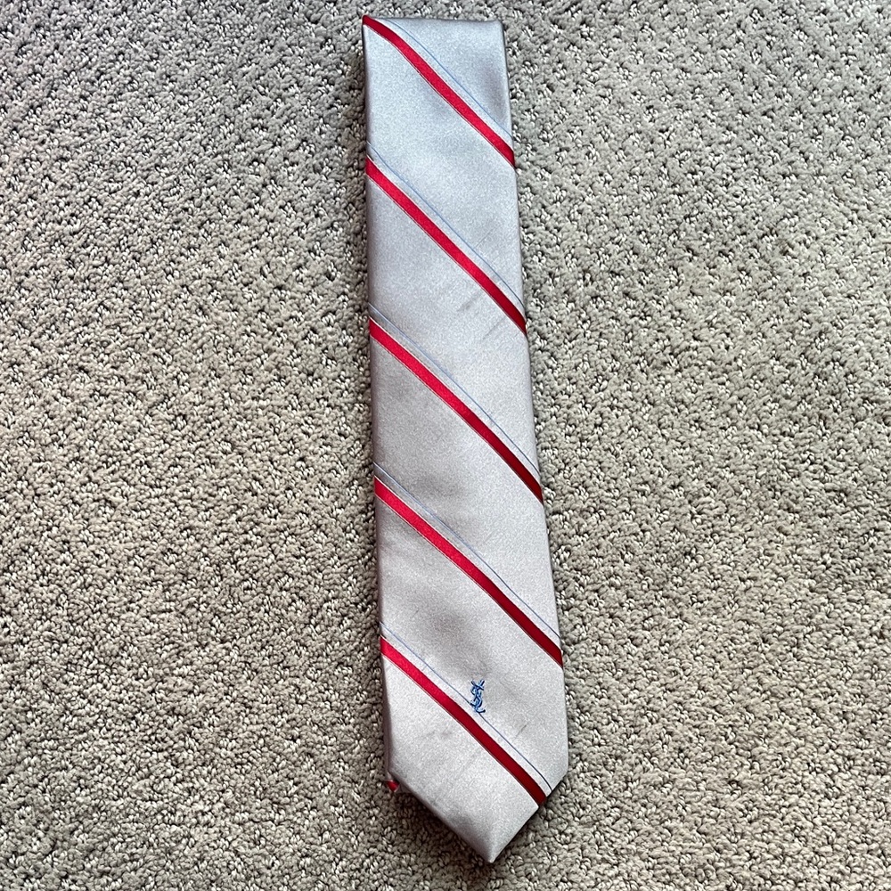 Yves Saint Laurent Silver Tie with Red Stripes